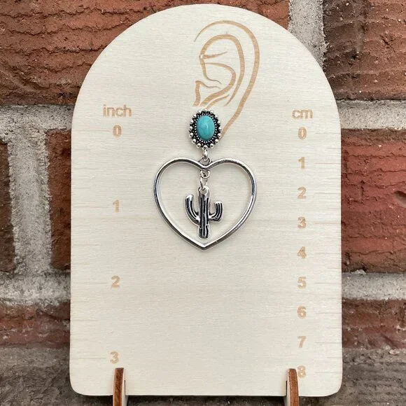 Saguaro Cactus Heart Earrings with Turquoise - Picture 2 of 2
